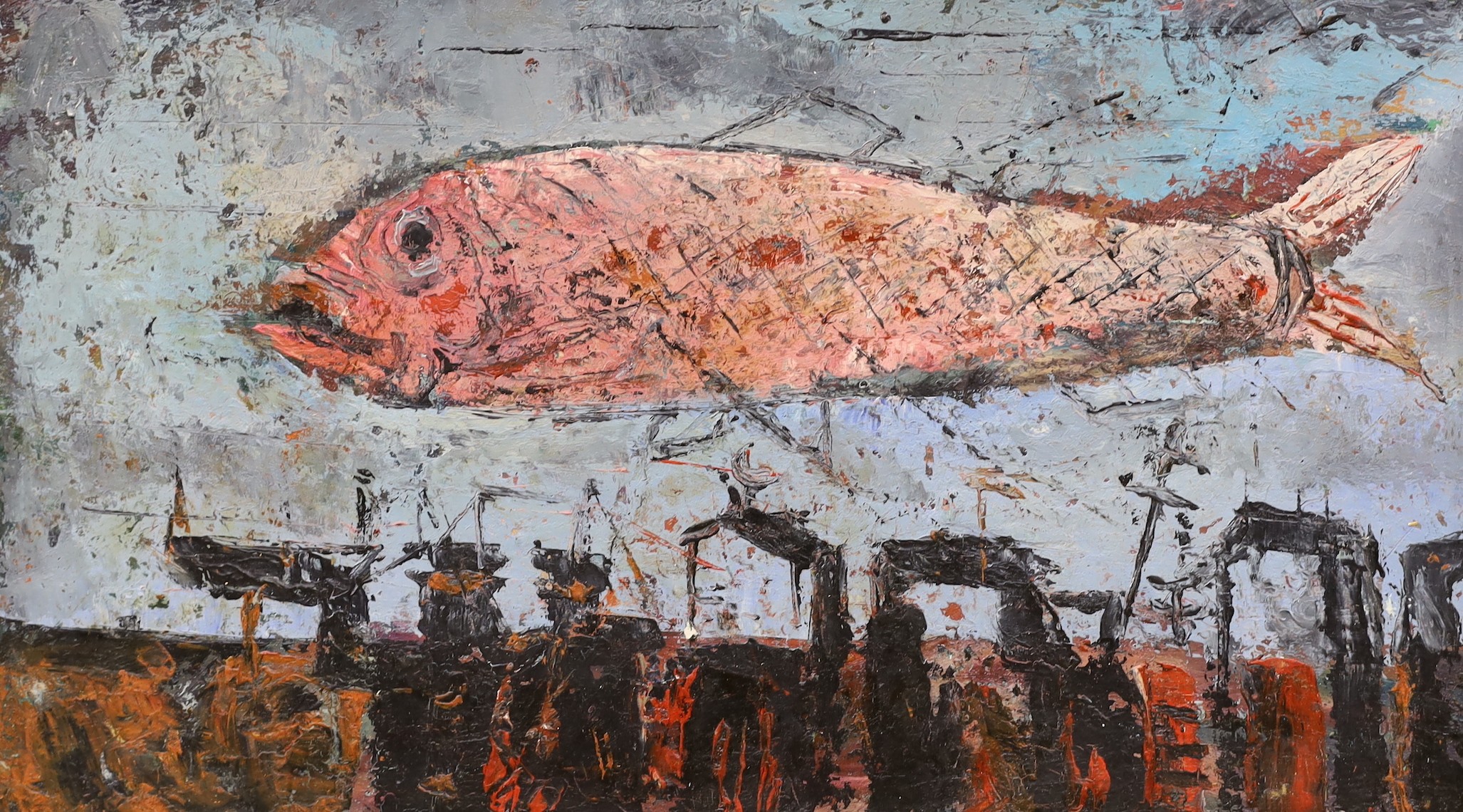 Piotr Mleczko (Polish, 1919-95), three oils / drawings, Figures in woodland, Pink Fish and Untitled composition, two signed, 50 x 40cm, 27 x 47cm and 29 x 20cm
